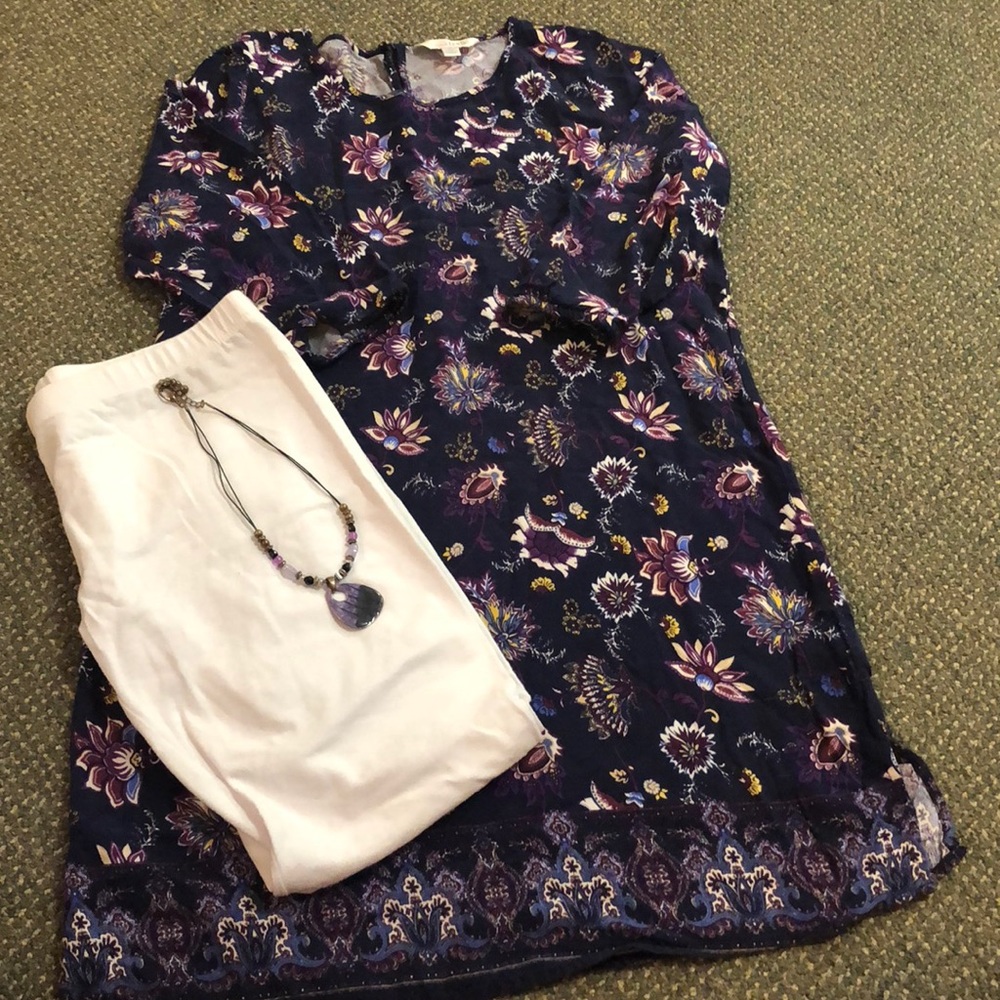 1/2 Sleeved, Purple and Navy Floral Tunic Dress